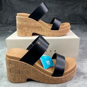 Reef Sunset Ibiza Wedge Sandals Women's Size 10 Black‎ Tan Summer Coastal Straps